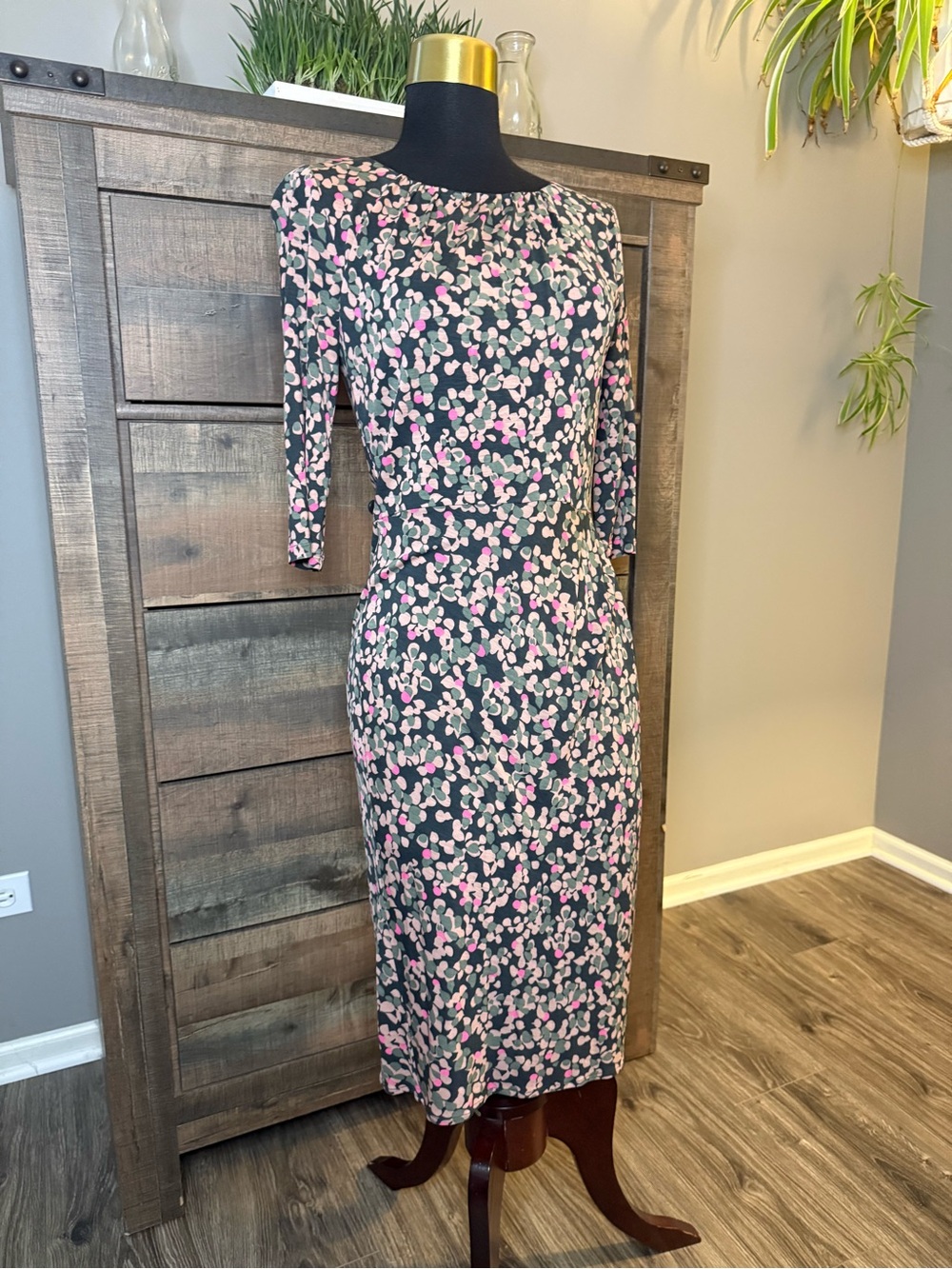 Boden Floral Print Midi Dress Women’s US 10 Blue Pink 3/4 Sleeve Tencel